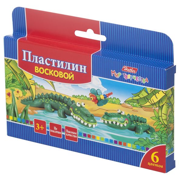 Пластилин Восковой 6 цв. 90гр Hatber со стеком-Забавные зверята-   в карт.короб. с европодвесом , 